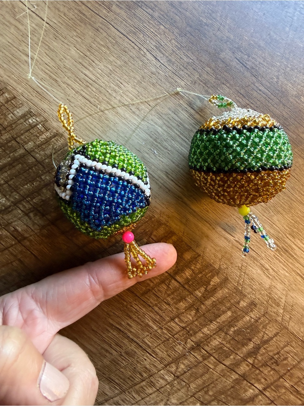 Handmade Beaded Hanging Christmas Ball Bauble Ornaments Set of 2 Green Blue Gold